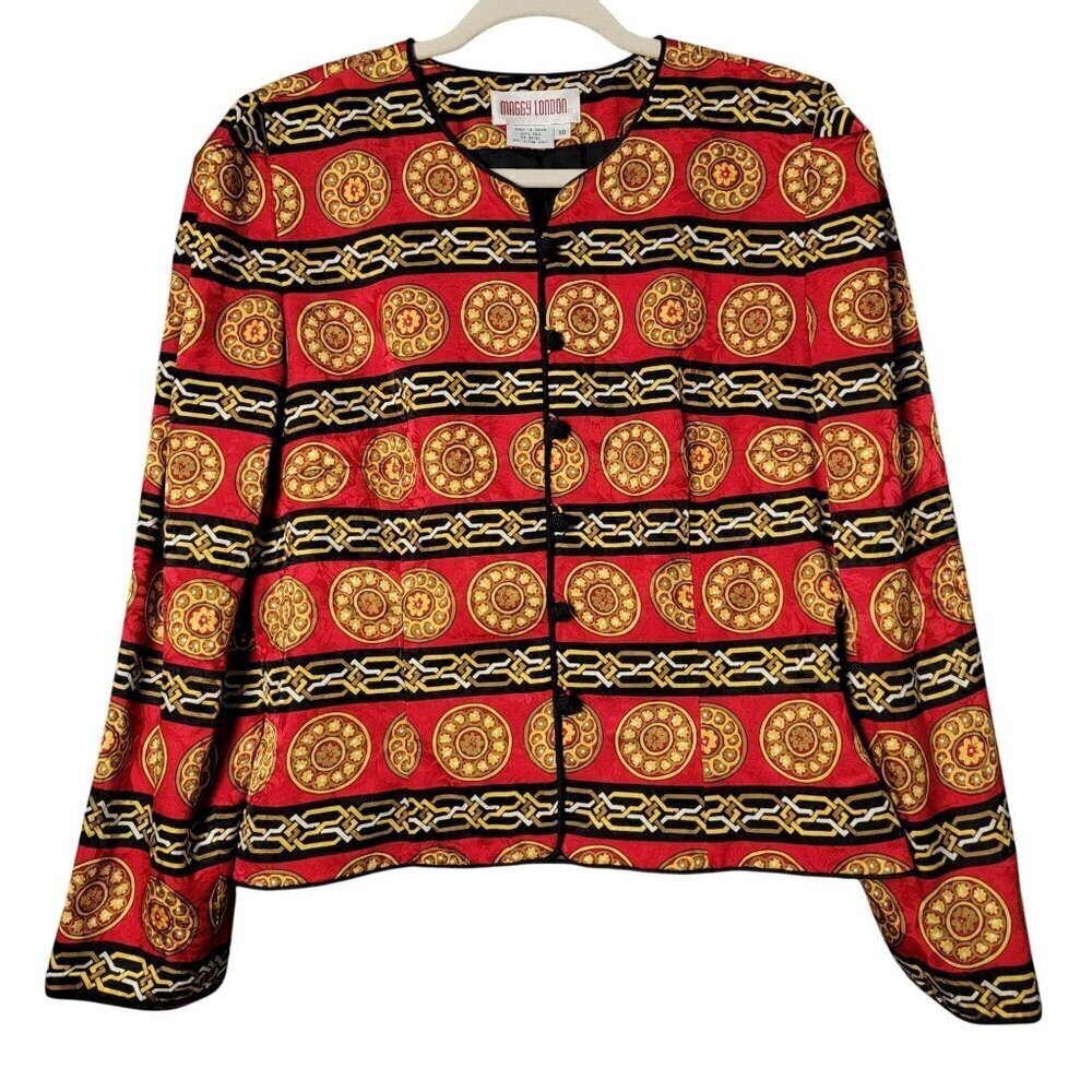 Maggy London Womens Red Gold Silk Oriental Medallion Work Blazer Jacket Size 10